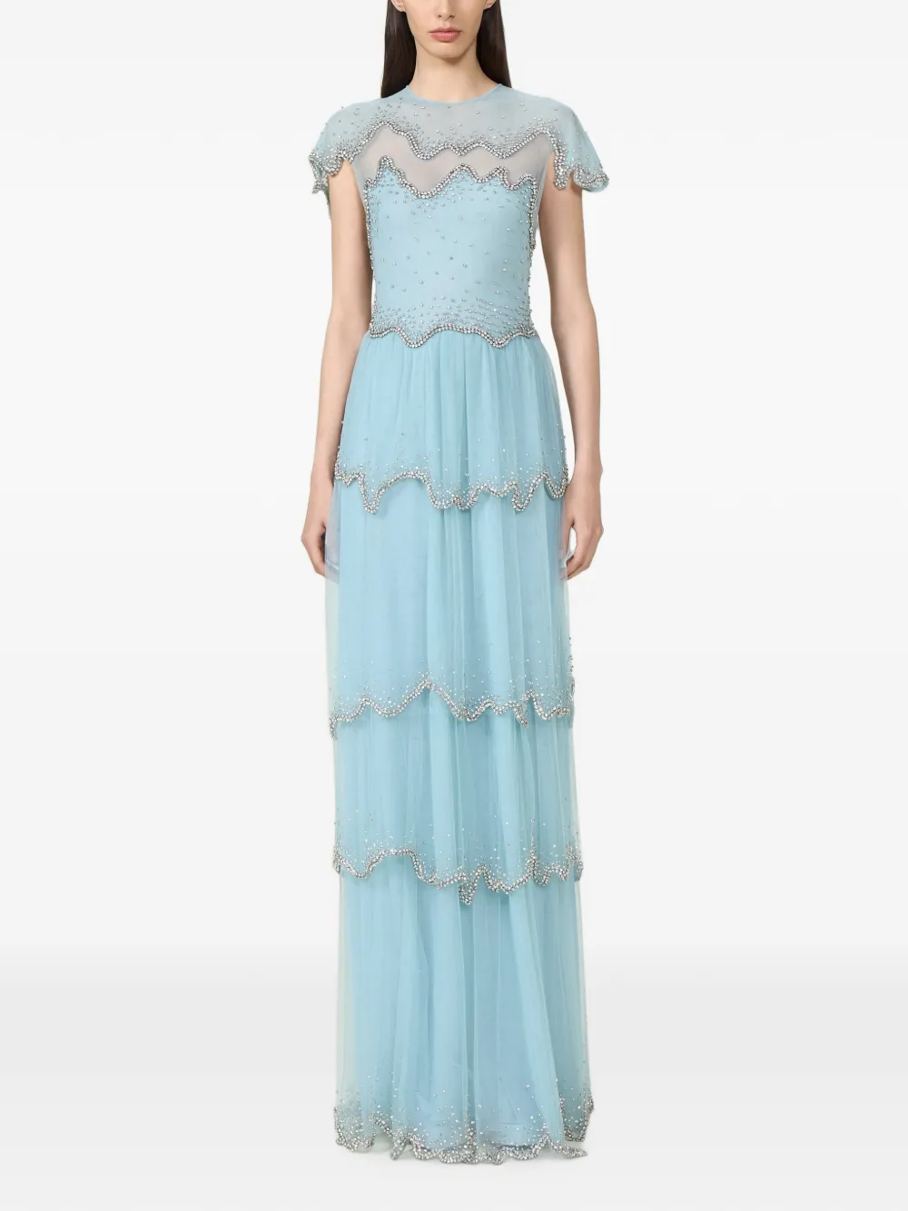 Costarellos Zaria crystal-embellished tiered gown Blauw