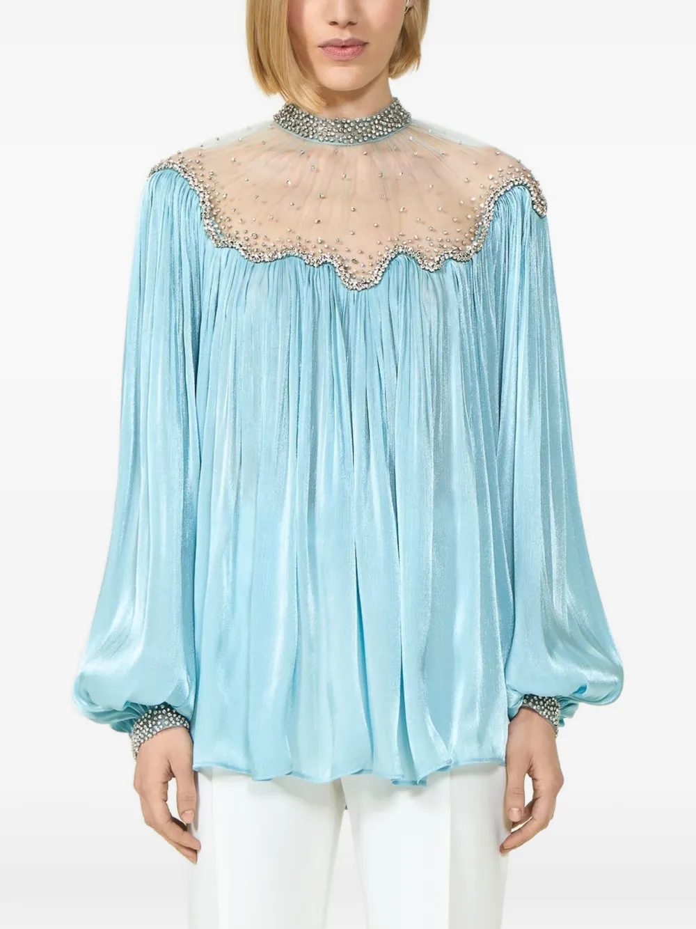 Costarellos Timma Crystal-embroidered Balloon-sleeve Blouse in Blue, view 3