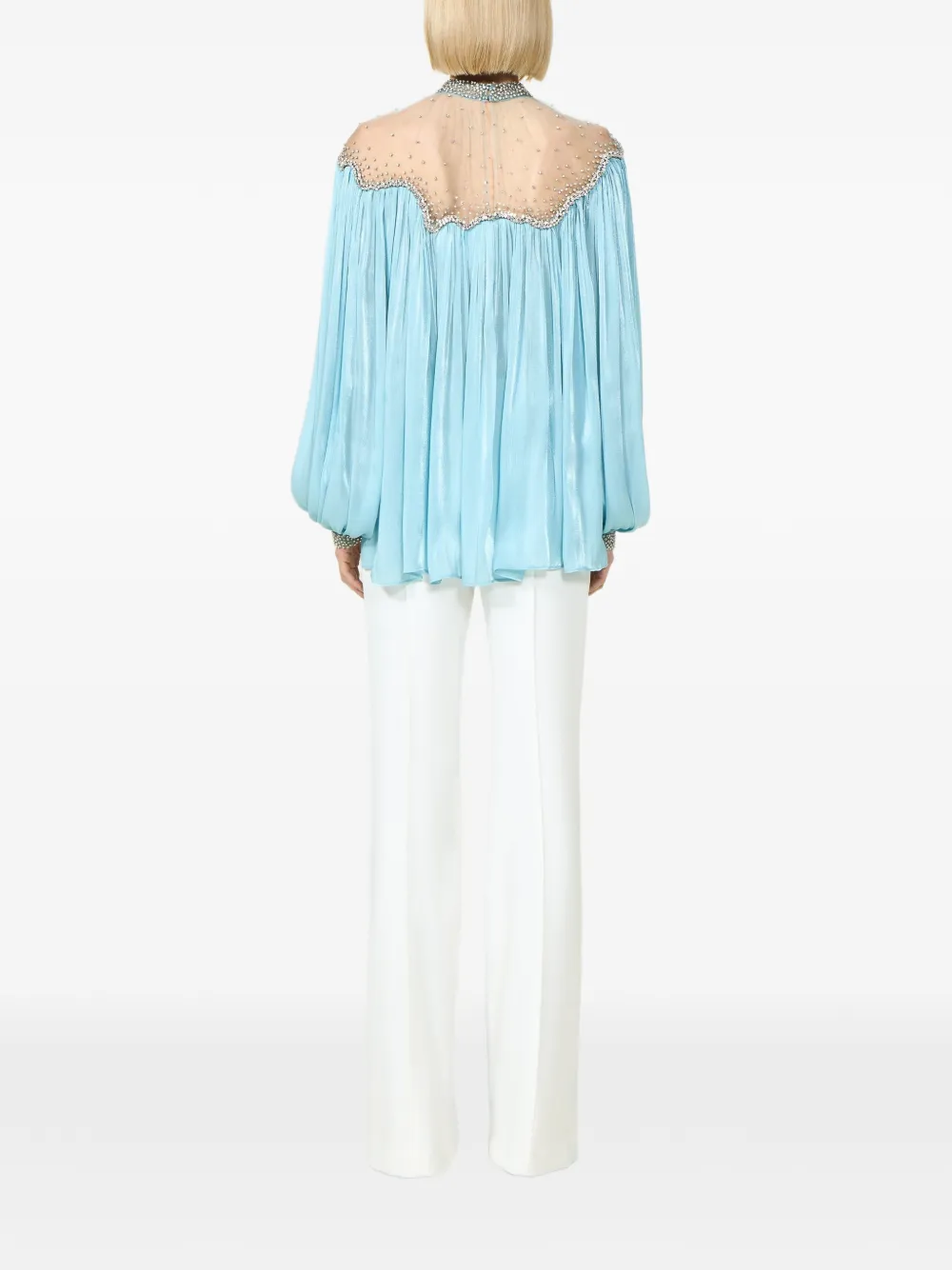 Costarellos Timma Crystal-embroidered Balloon-sleeve Blouse in Blue, view 2