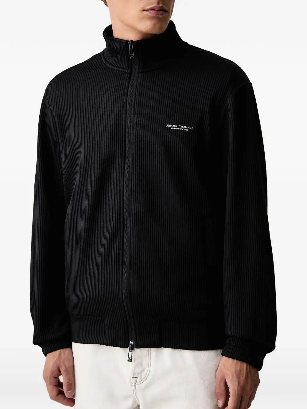 Armani Exchange logo-print ribbed-knit cardigan Zwart
