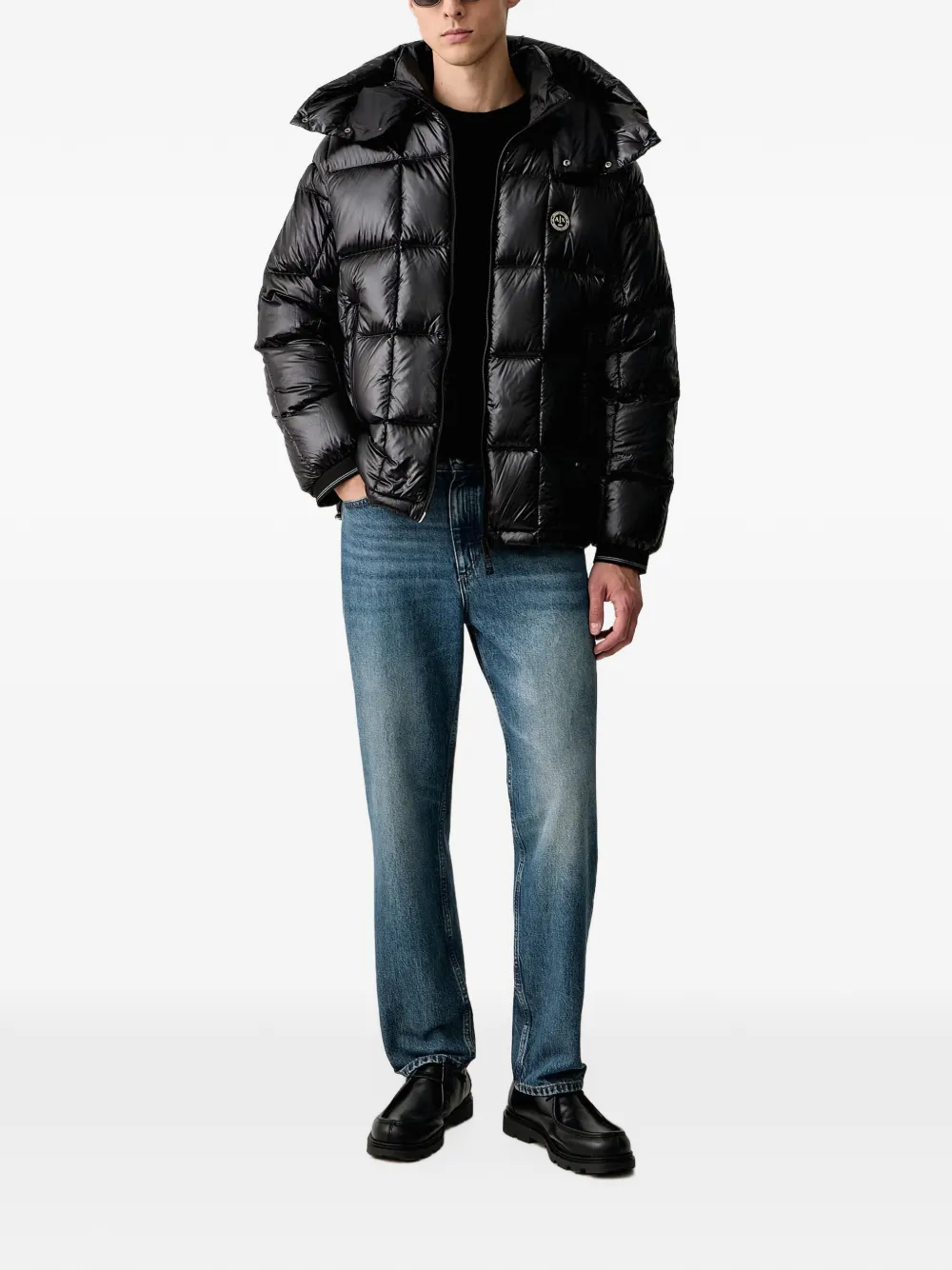 Armani Exchange quilted hooded jacket Zwart