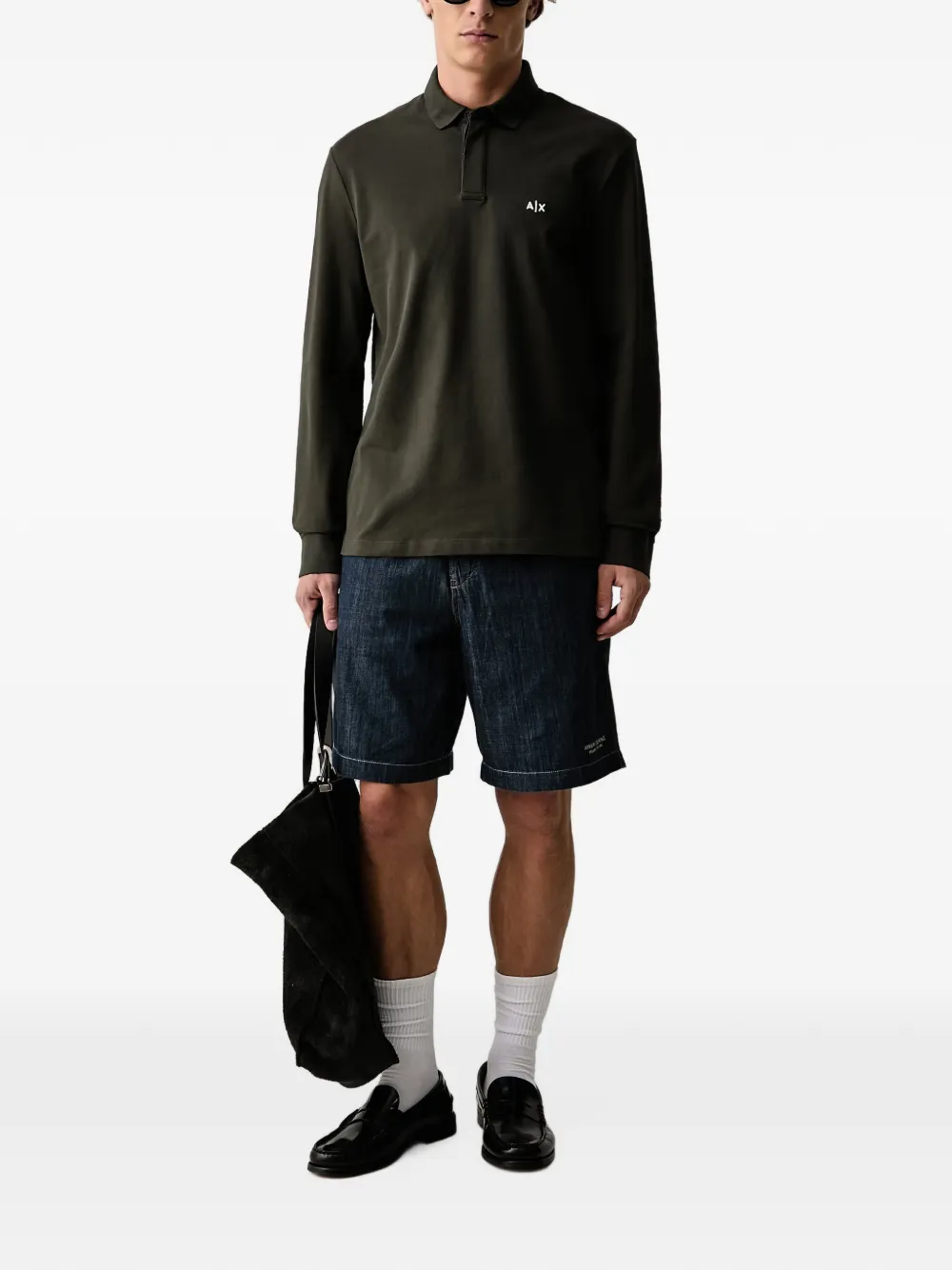 Armani Exchange logo-embroidered long-sleeve polo shirt Groen