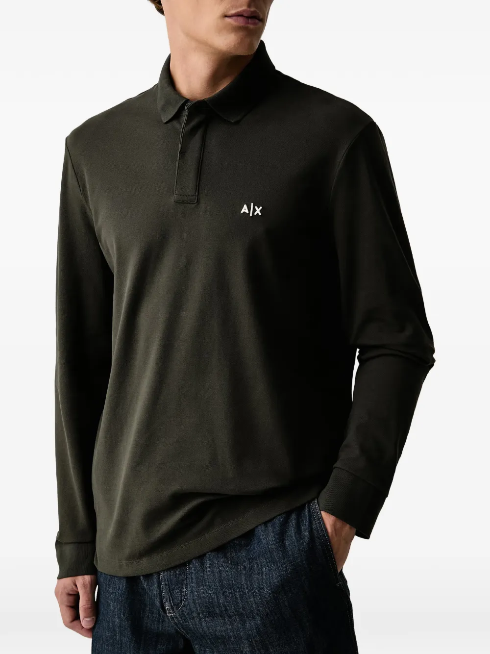 Armani Exchange logo-embroidered long-sleeve polo shirt Groen
