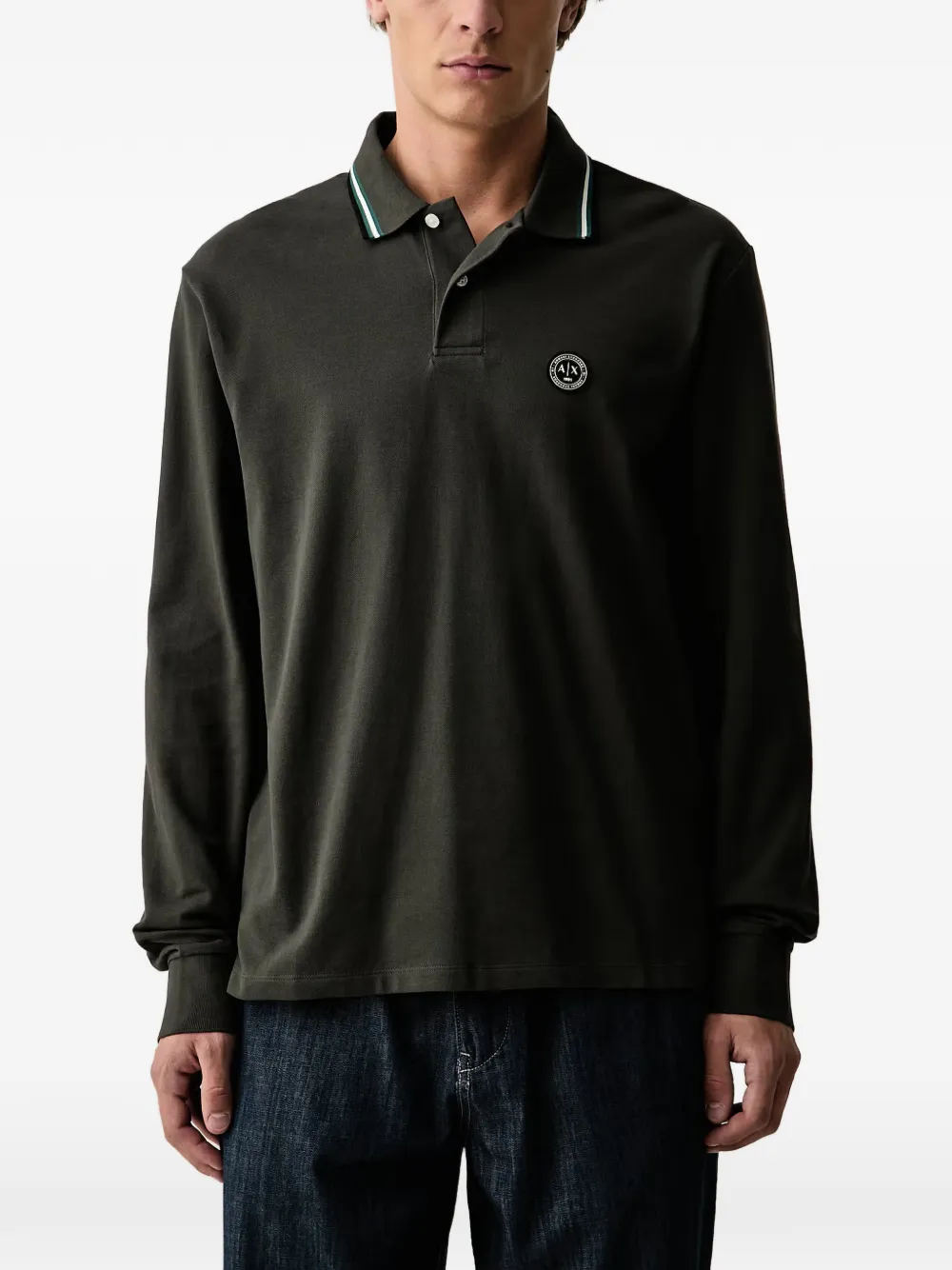 Armani Exchange ロゴパッチ ロングスリーブ ポロシャツ | グリーン | Image 1