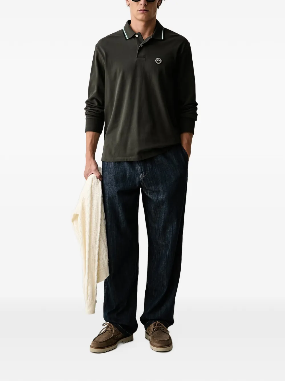 Armani Exchange logo-patch long-sleeve polo shirt Groen
