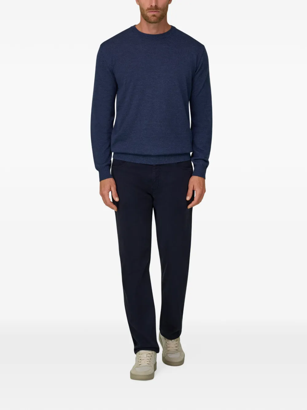 Boggi Milano Trui van merinowol cashwool mouliné met ronde hals Blauw