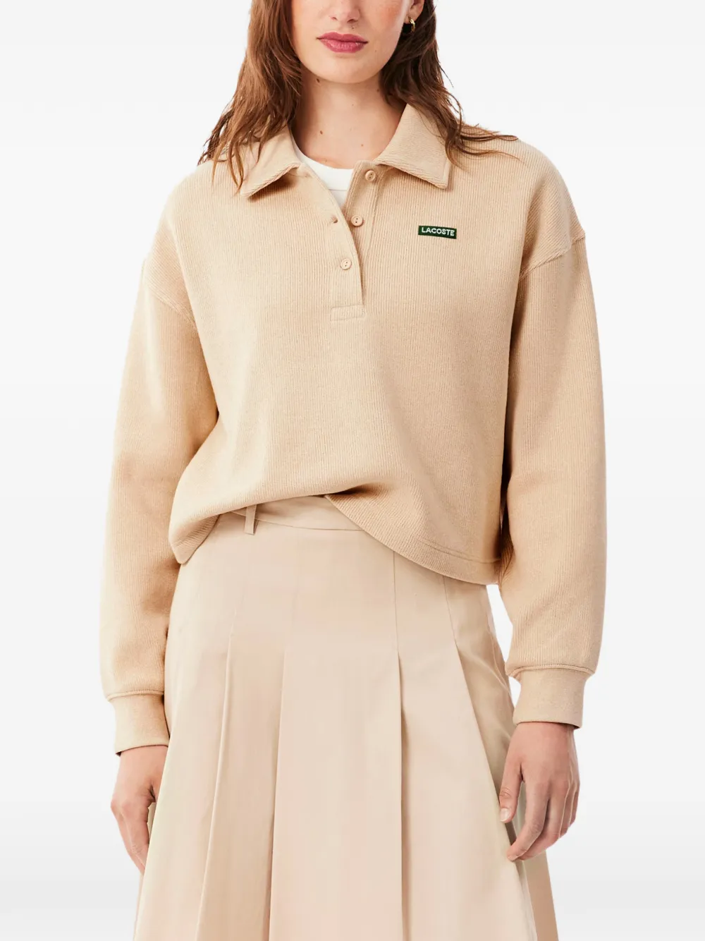 Lacoste Ribgebreide trui met logopatch Beige