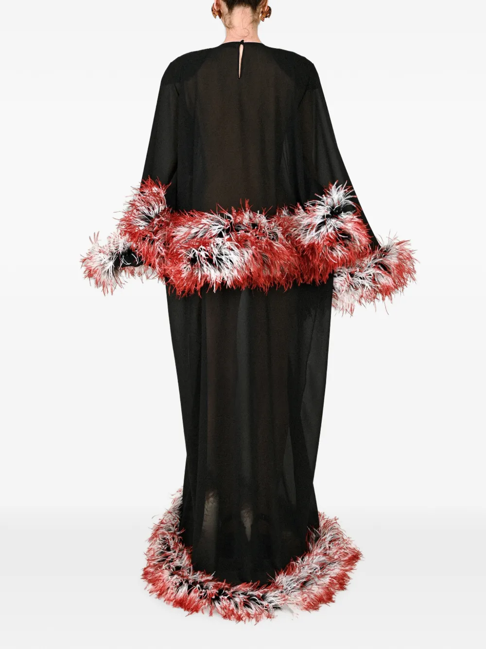 Rowen Rose Maxi-jurk met capemouwen en verenafwerking Zwart