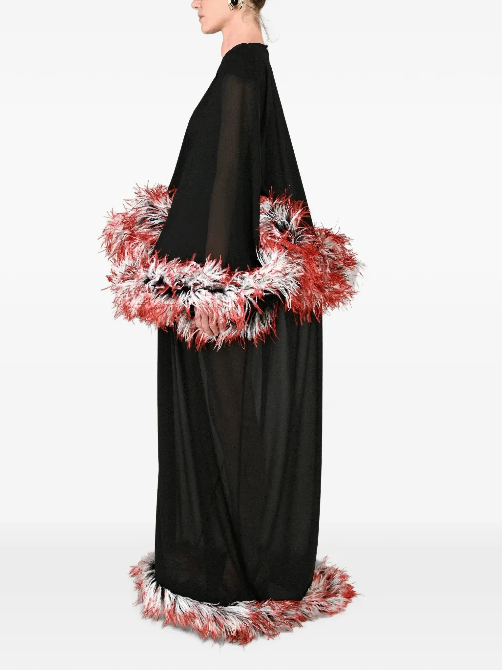 Rowen Rose Maxi-jurk met capemouwen en verenafwerking Zwart