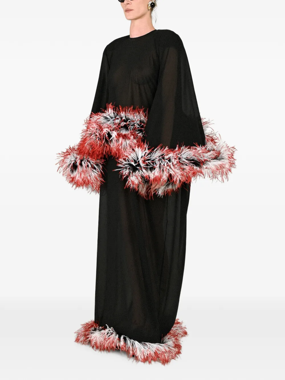 Rowen Rose Maxi-jurk met capemouwen en verenafwerking Zwart