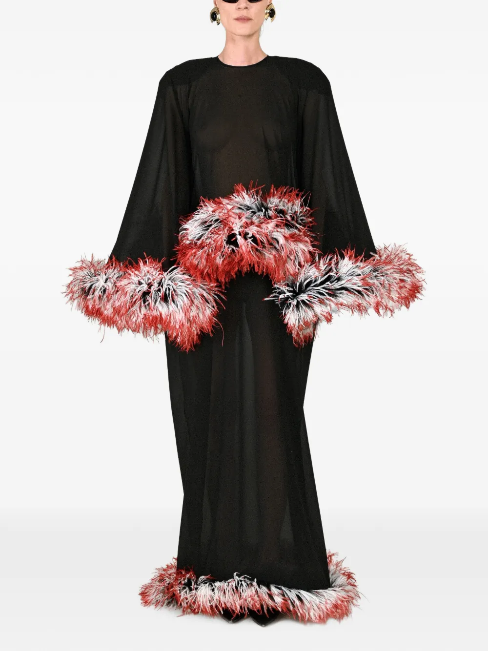 Rowen Rose feather-trim cape-sleeve maxi dress