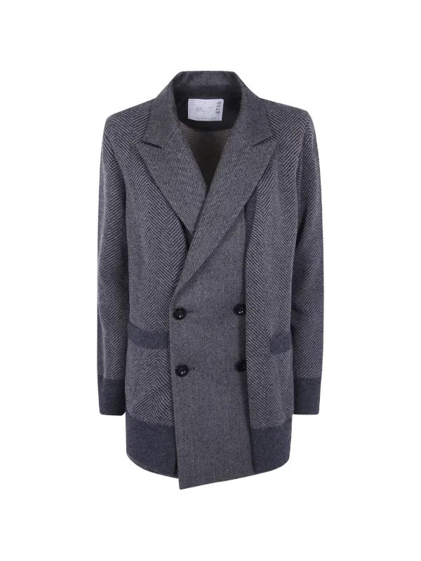Sacai Herringbone-knit Double-breasted Blazer in Grey