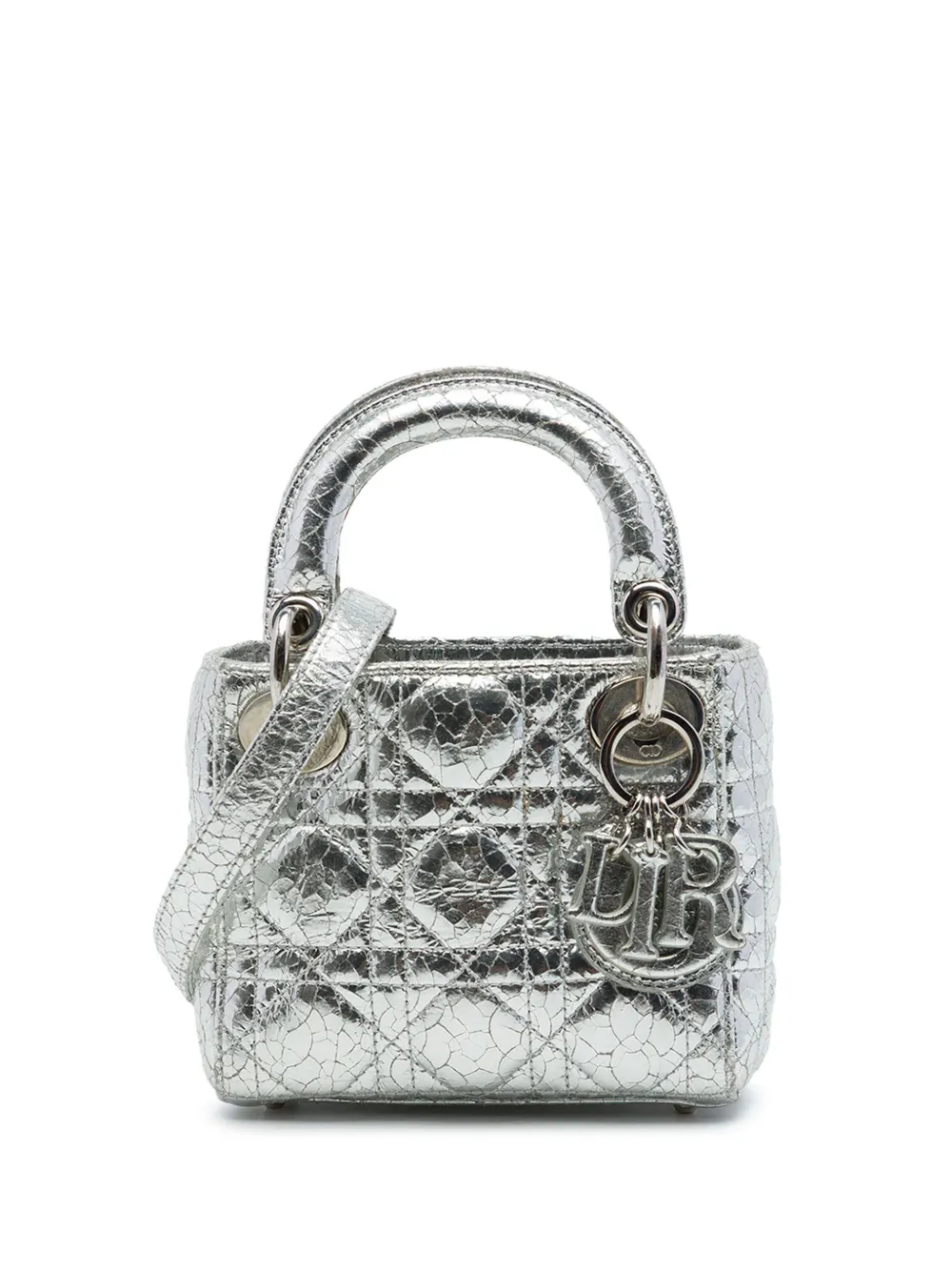 Christian Dior Pre-Owned 2017 micro Cannage Lady Dior Satchel-Tasche mit Knitteroptik aus Metallic-Kalbsleder - Silber