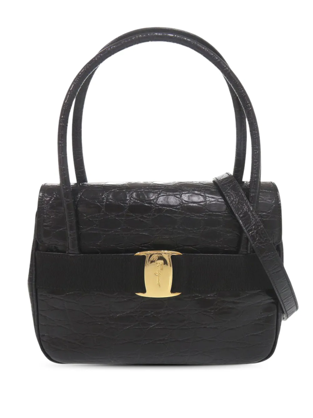 Ferragamo Pre-Owned 2000-2026 Croc Embossed Leather Vara Bow satchel - Nero