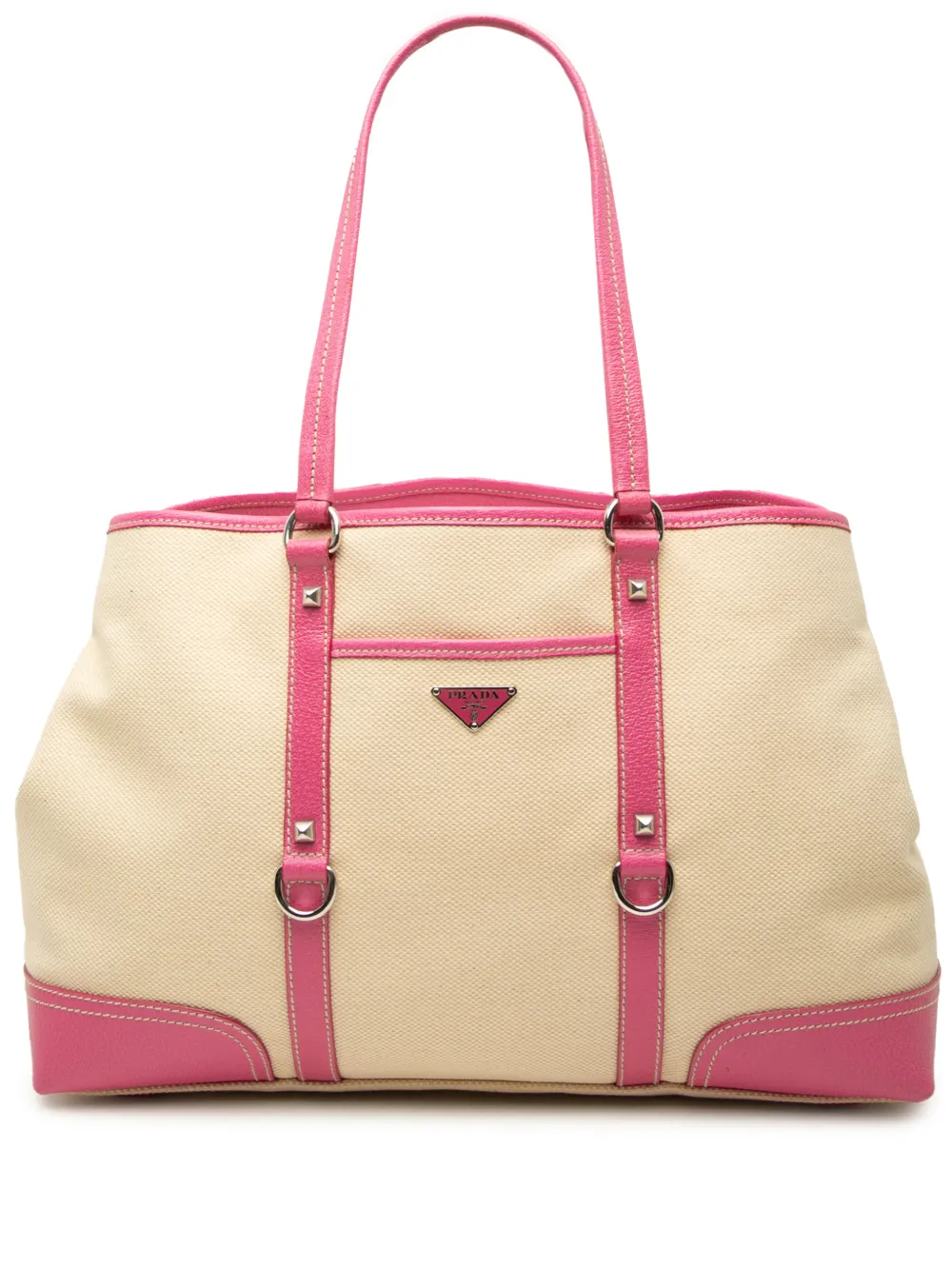 Prada Pre-Owned 2013-2026 Studded Leather Trimmed Canvas Front Pocket Tote satchel - Rosa