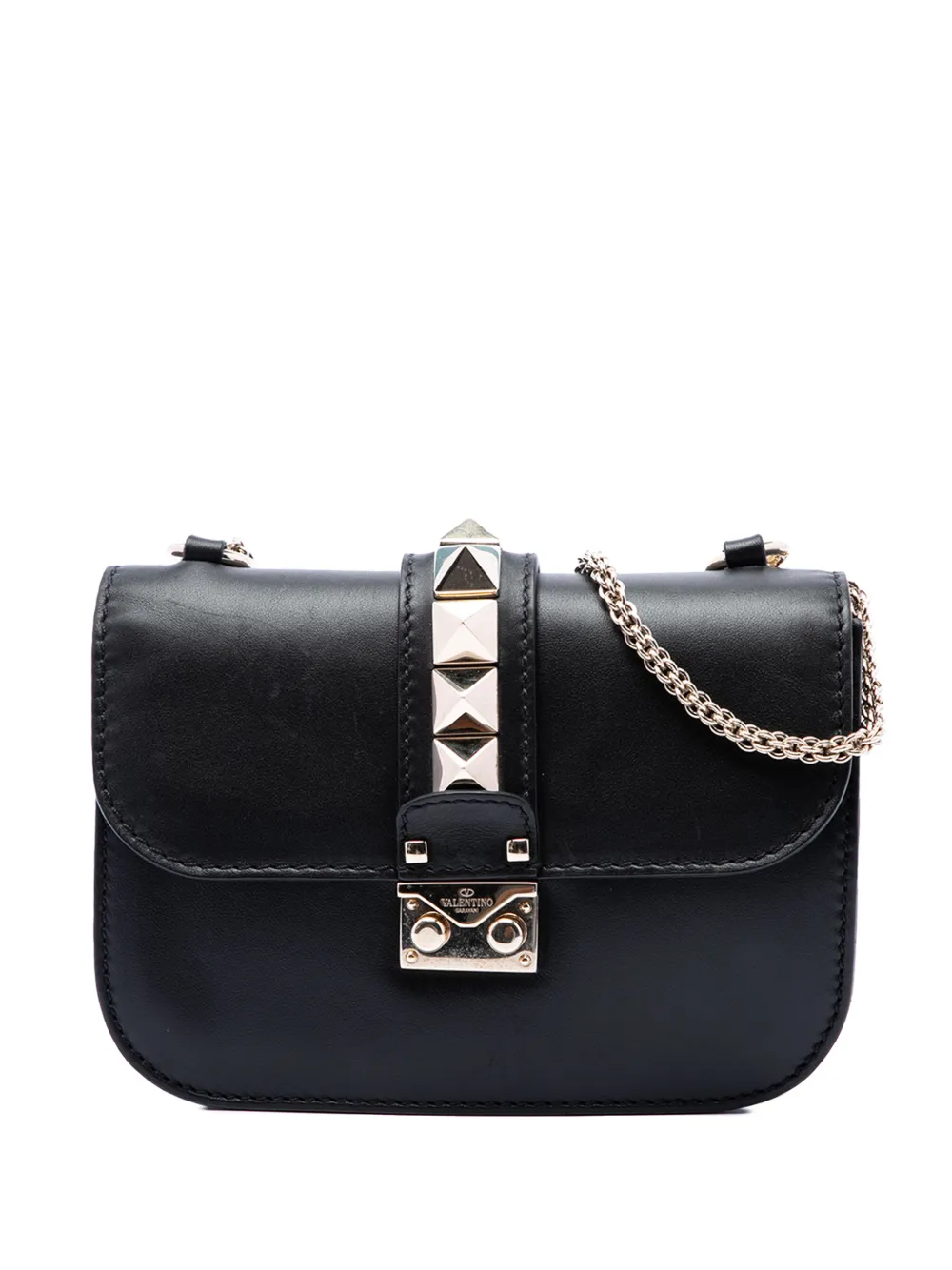 Pre-owned Valentino Garavani 2000-2017 Small Leather Rockstud Glam Lock Crossbody Bag In Black