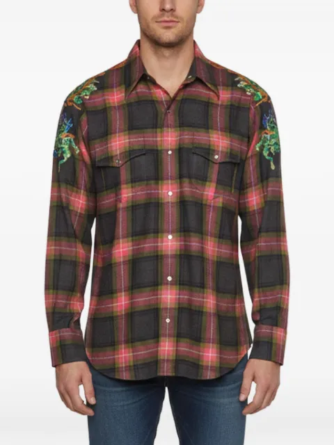 Gucci Pre-Owned 드래곤 자수 플레이드 셔츠