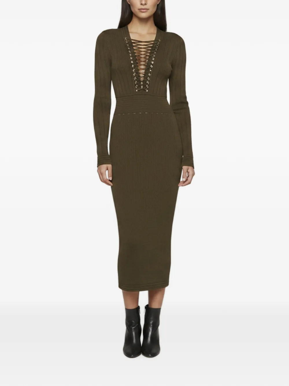 Balmain Pre-Owned lace-up rib-knit long-sleeved bodycon midi dress - Verde