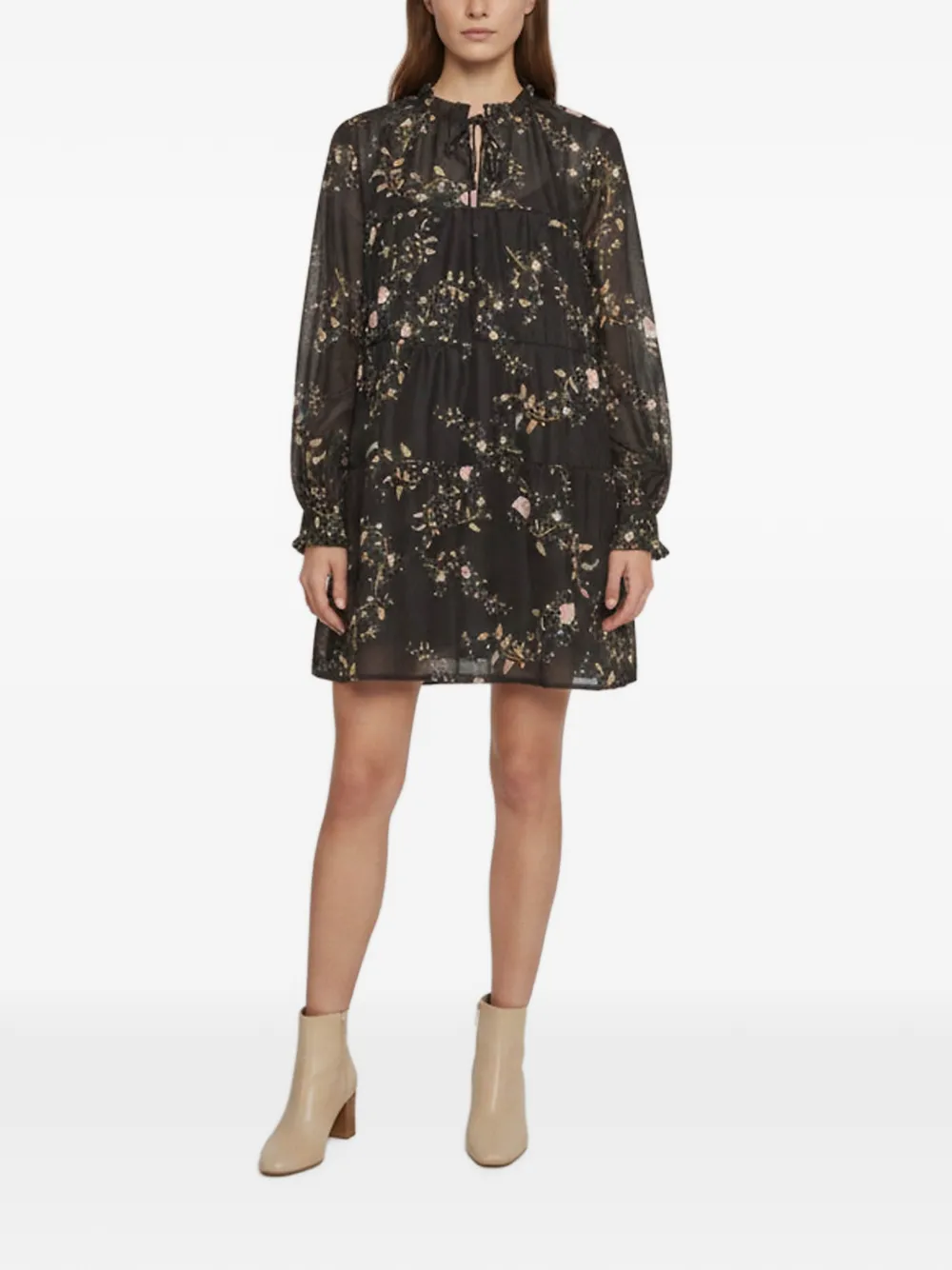 Pre-owned Allsaints Floral-print Long-sleeve Mini Dress In Black