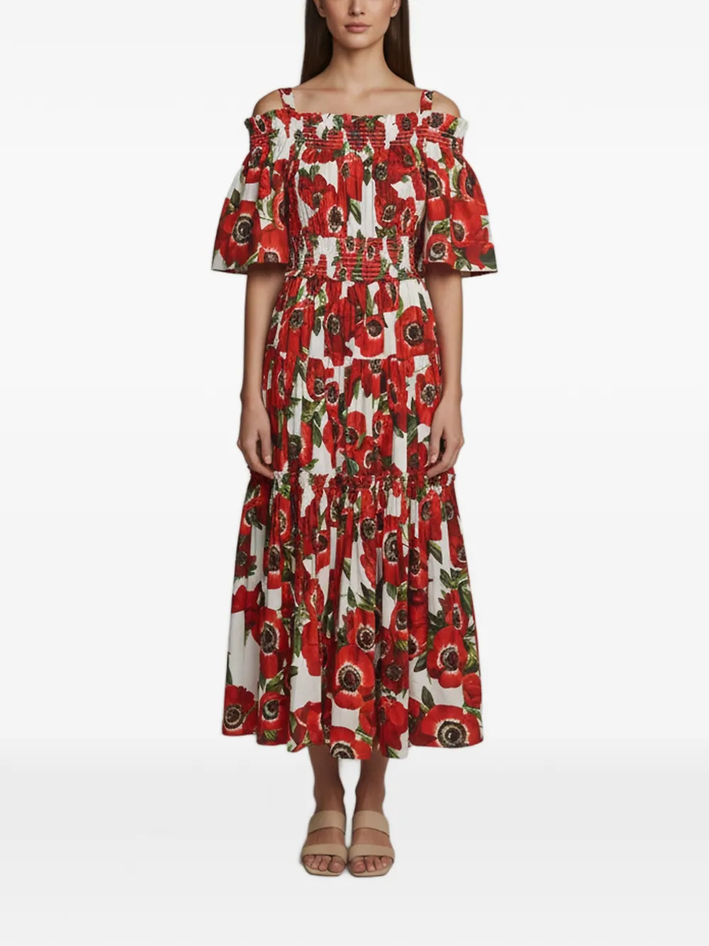 Dolce & Gabbana Pre-Owned floral-print off-shoulder midi dress - Rosso