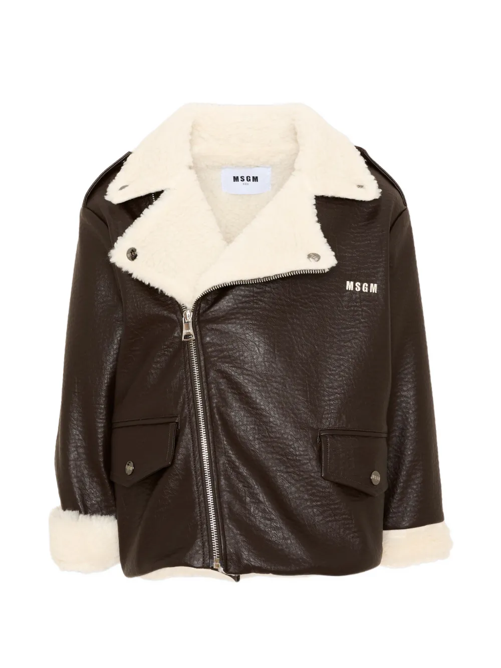 MSGM Kids faux-shearling-trim biker jacket - Marrone