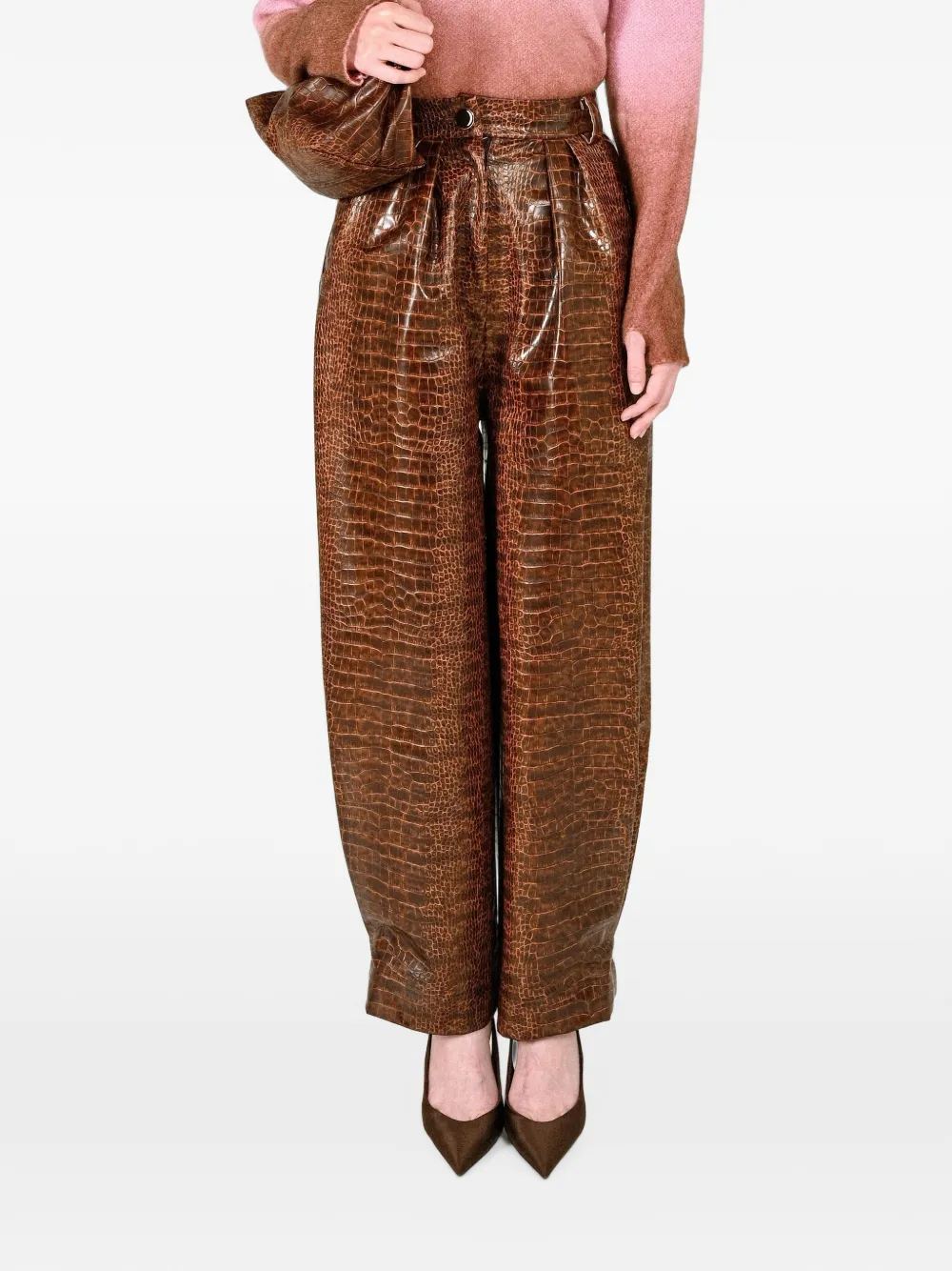 Rowen Rose crocodile-effect pleated trousers