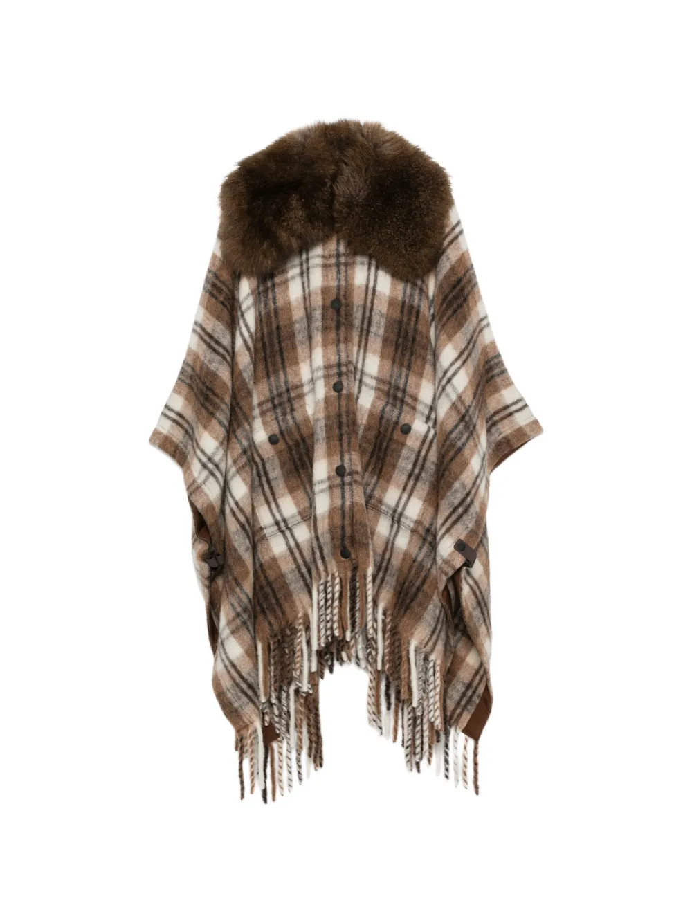 Moncler Grenoble plaid-check faux-fur-collar cape