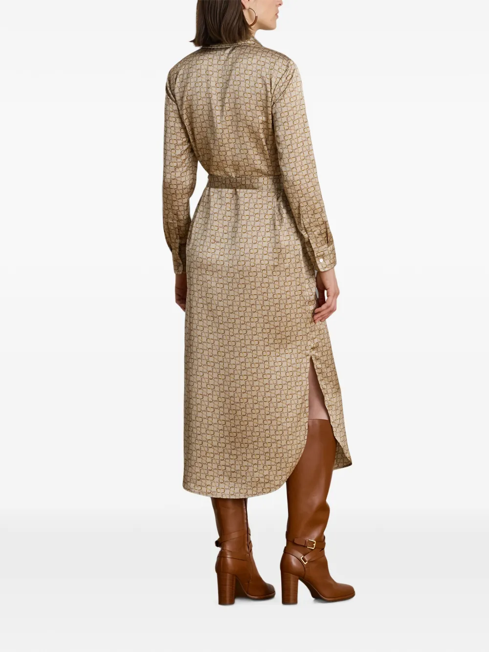 Lauren Ralph Lauren Midi-jurk in blousemodel met monogram-print en ceintuur Beige