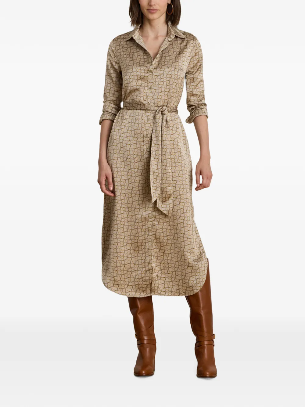 Lauren Ralph Lauren Midi-jurk in blousemodel met monogram-print en ceintuur Beige