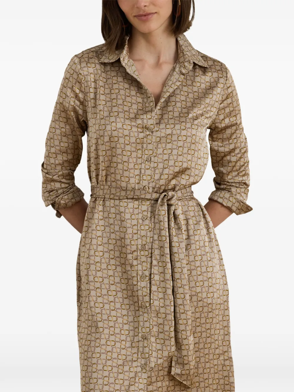 Lauren Ralph Lauren Midi-jurk in blousemodel met monogram-print en ceintuur Beige