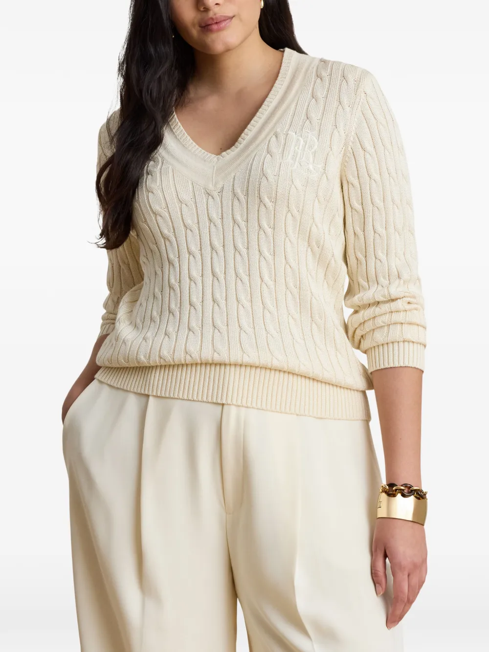 Lauren Ralph Lauren cable-knit V-neck sweater Beige
