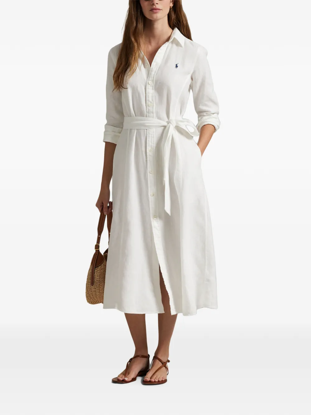 Polo Ralph Lauren Linnen midi-blousejurk met ceintuur Wit
