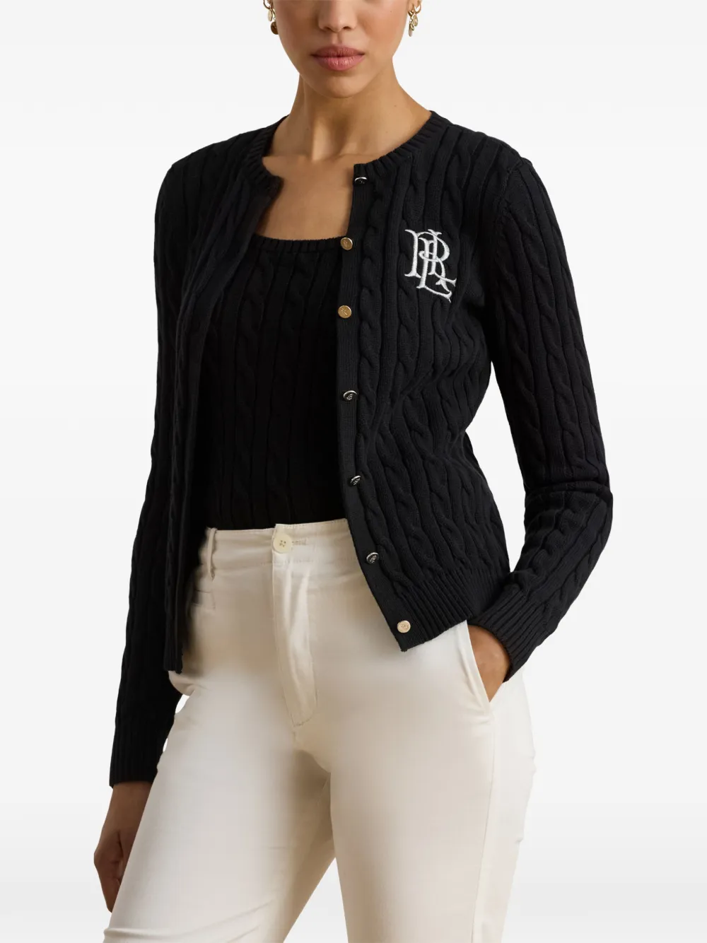 Lauren Ralph Lauren cable-knit embroidered cardigan Zwart