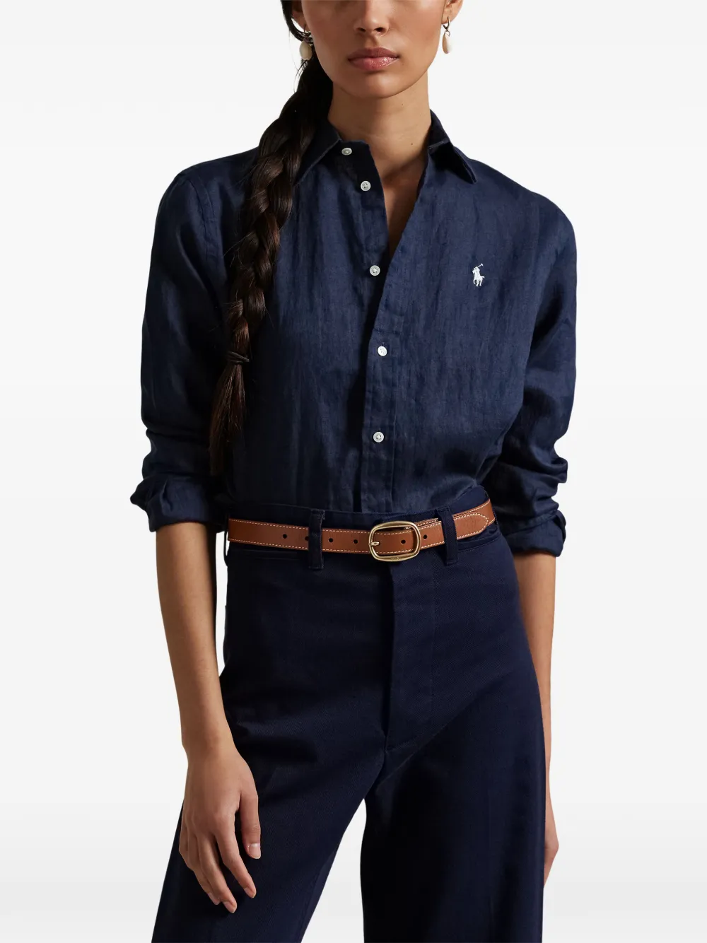 Polo Ralph Lauren Linnen overhemd met geborduurd logo Blauw