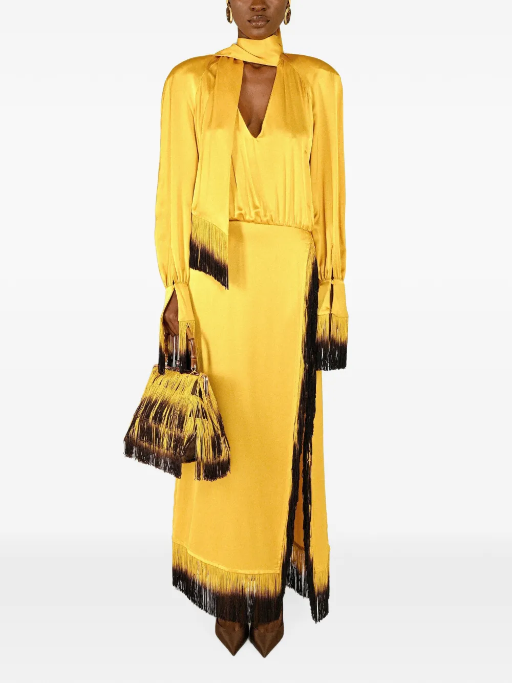 Rowen Rose fringe-trim raglan maxi dress