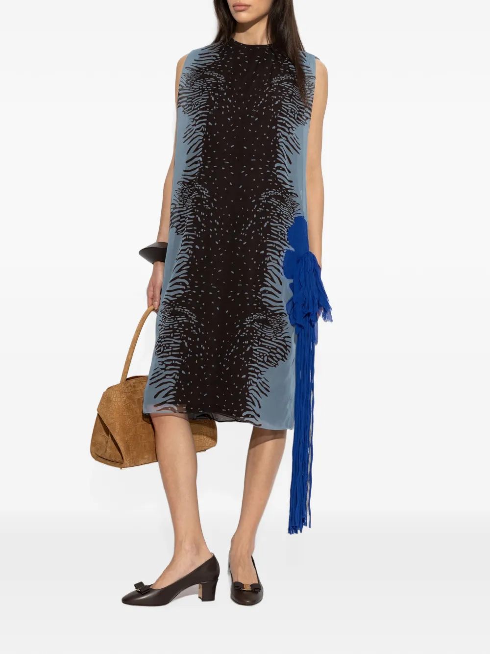 Ferragamo fringe-detail silk midi dress Blauw