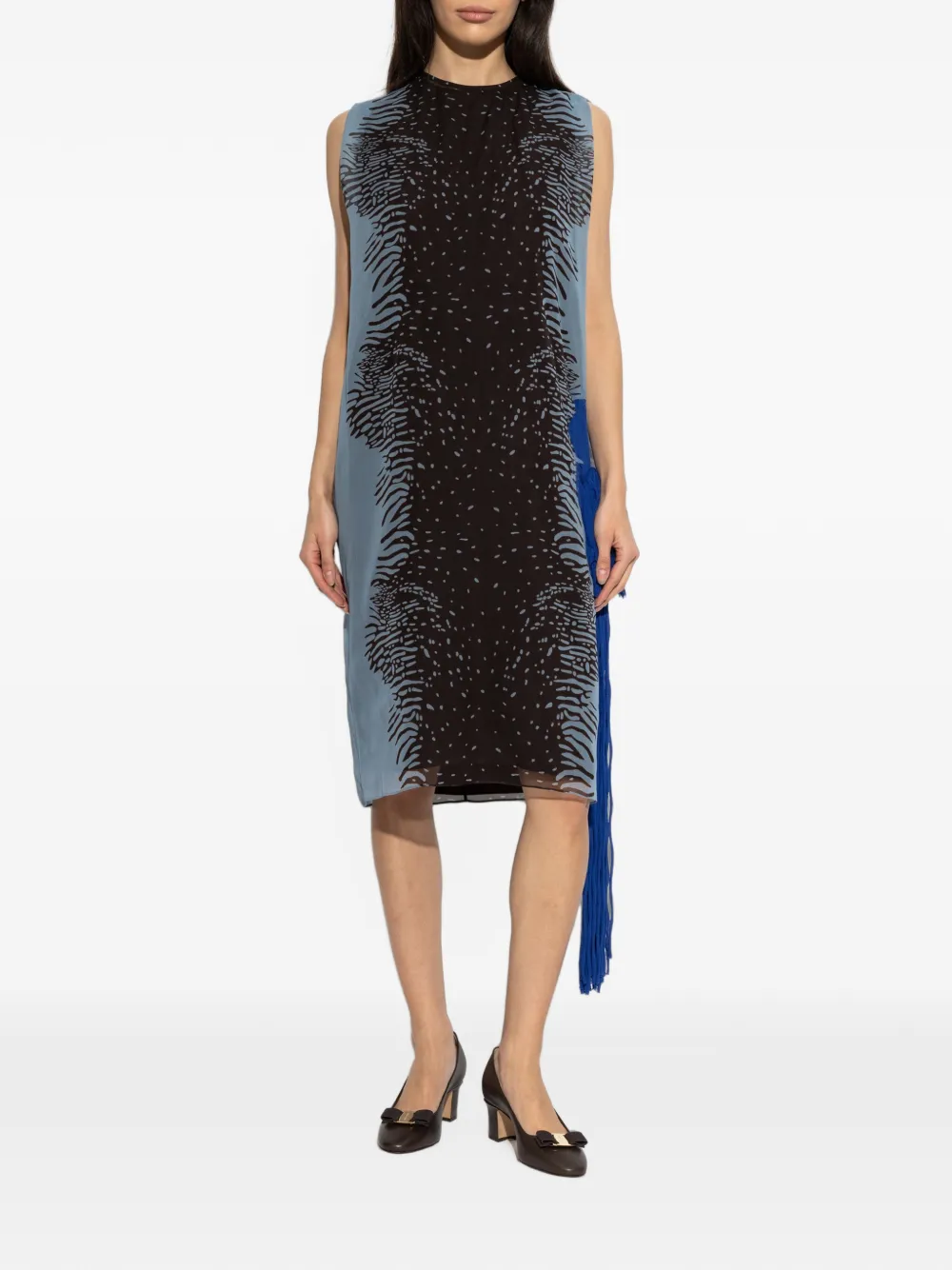Ferragamo fringe-detail silk midi dress Blauw
