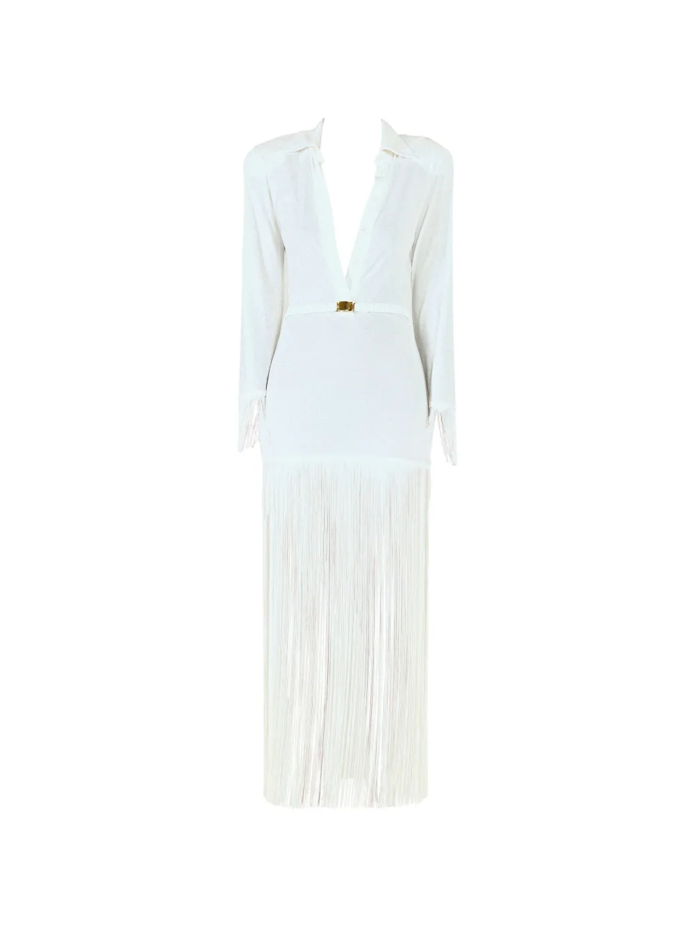 Rowen Rose fringe-trim long-sleeve maxi polo dress