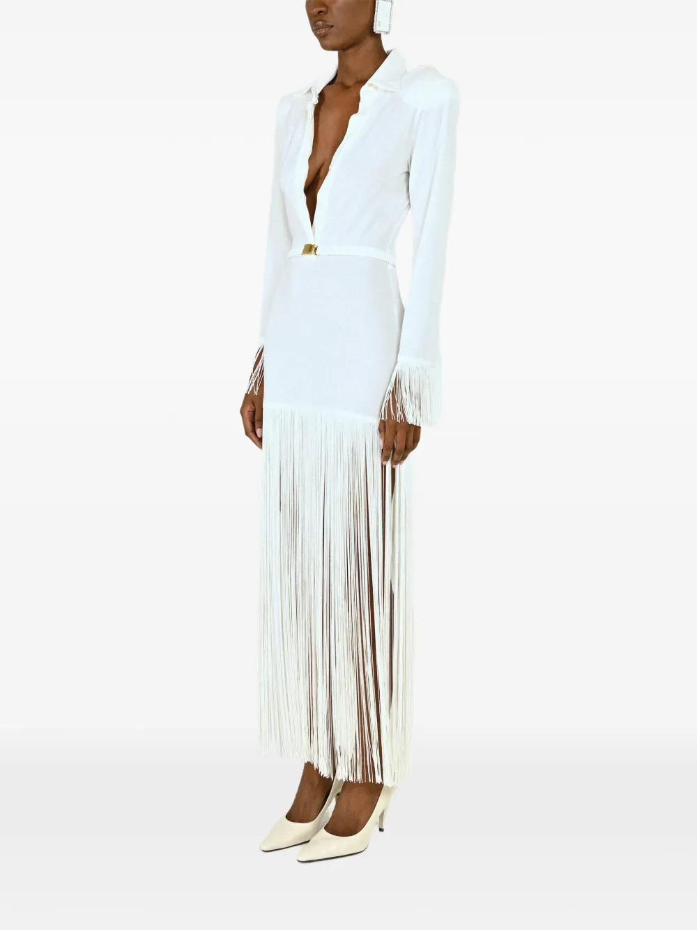 Rowen Rose Maxi-jurk met polokraag franjeafwerking en lange mouwen Wit