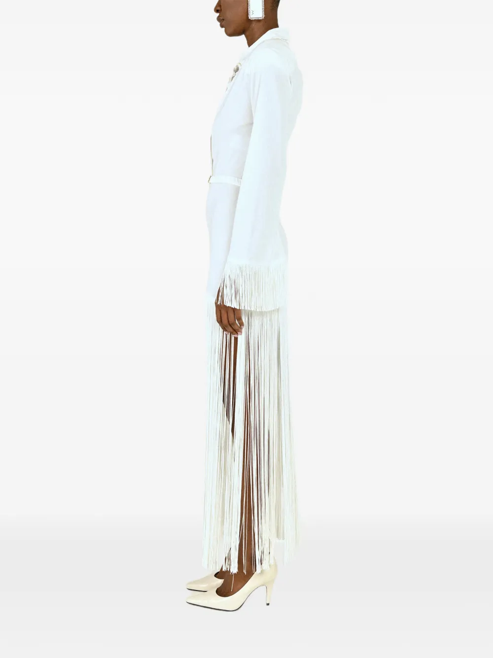 Rowen Rose Maxi-jurk met polokraag franjeafwerking en lange mouwen Wit