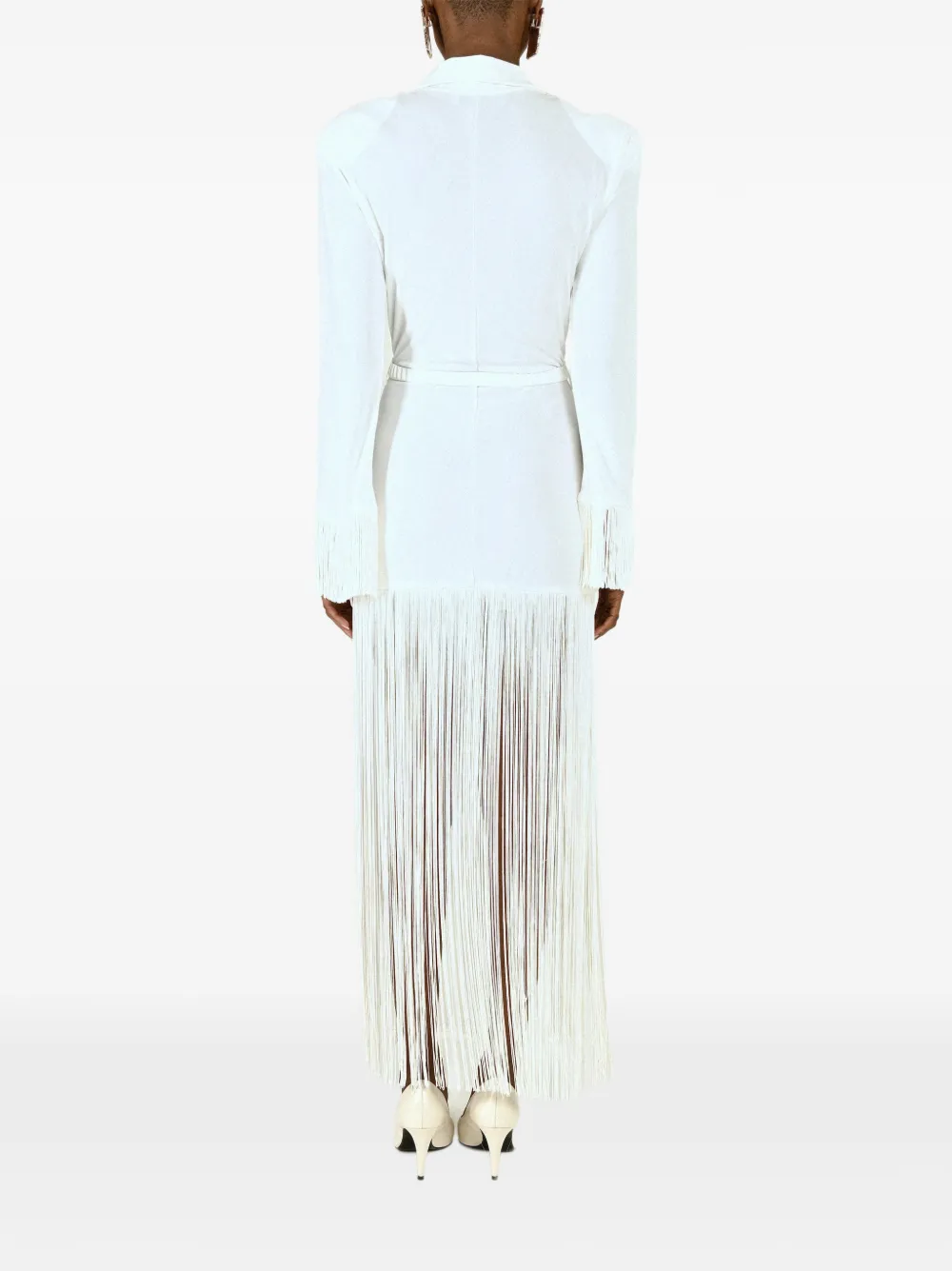 Rowen Rose Maxi-jurk met polokraag franjeafwerking en lange mouwen Wit