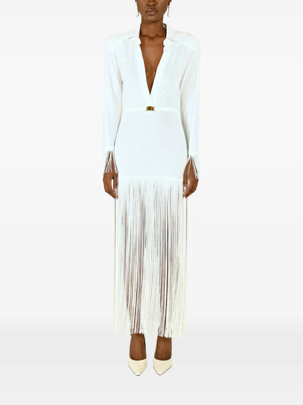 Rowen Rose fringe-trim long-sleeve maxi polo dress