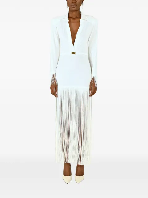Rowen Rose fringe-trim long-sleeve maxi polo dress