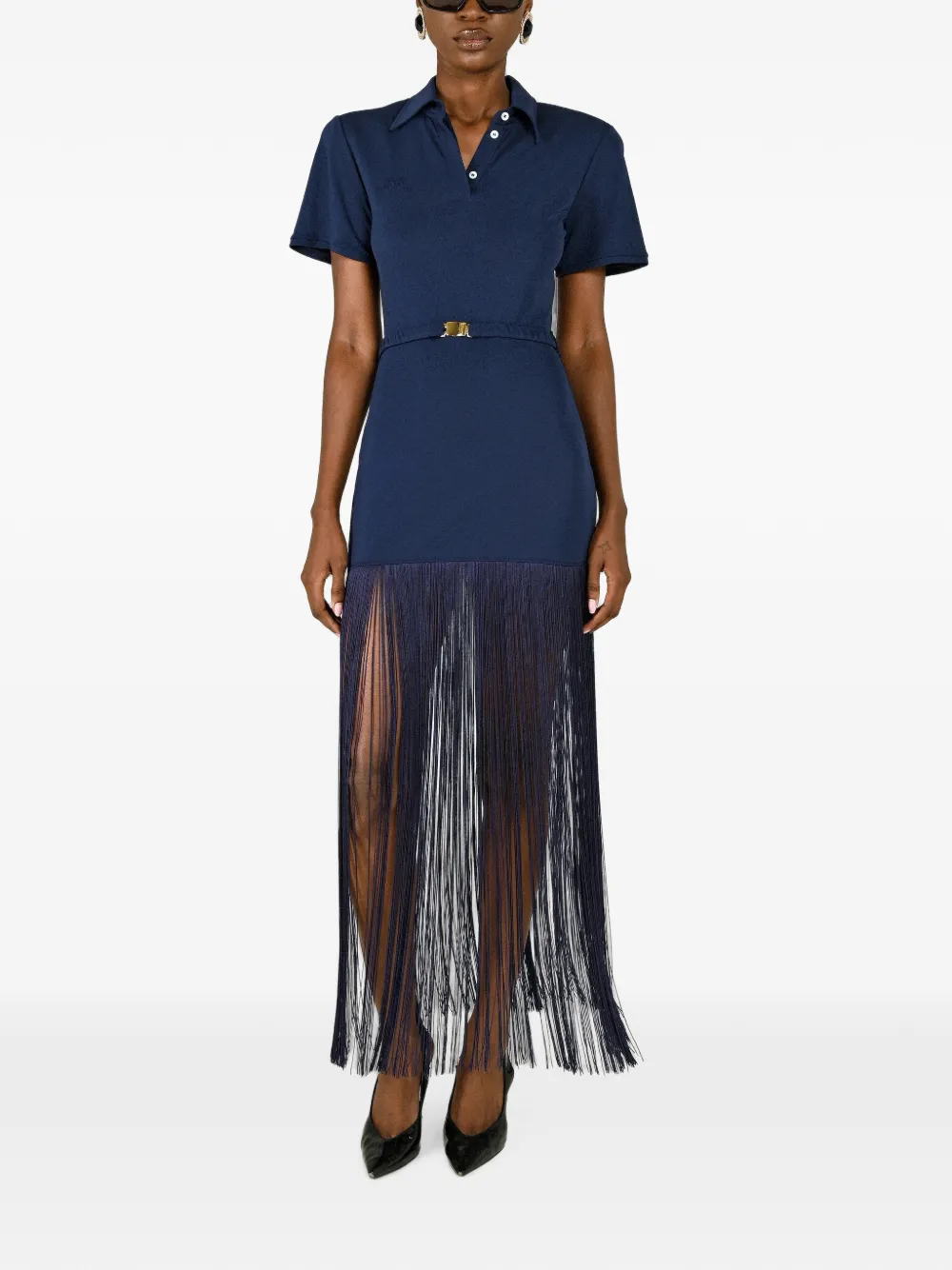 Rowen Rose fringe-trim polo maxi dress Blauw