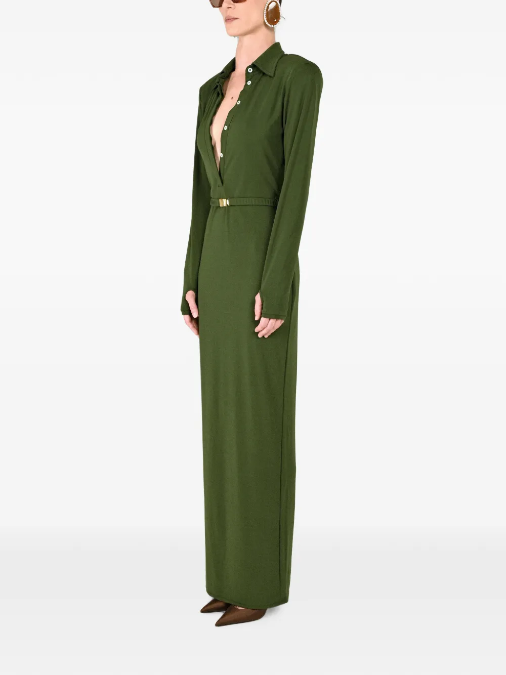 Rowen Rose polo-collar belted maxi dress Groen