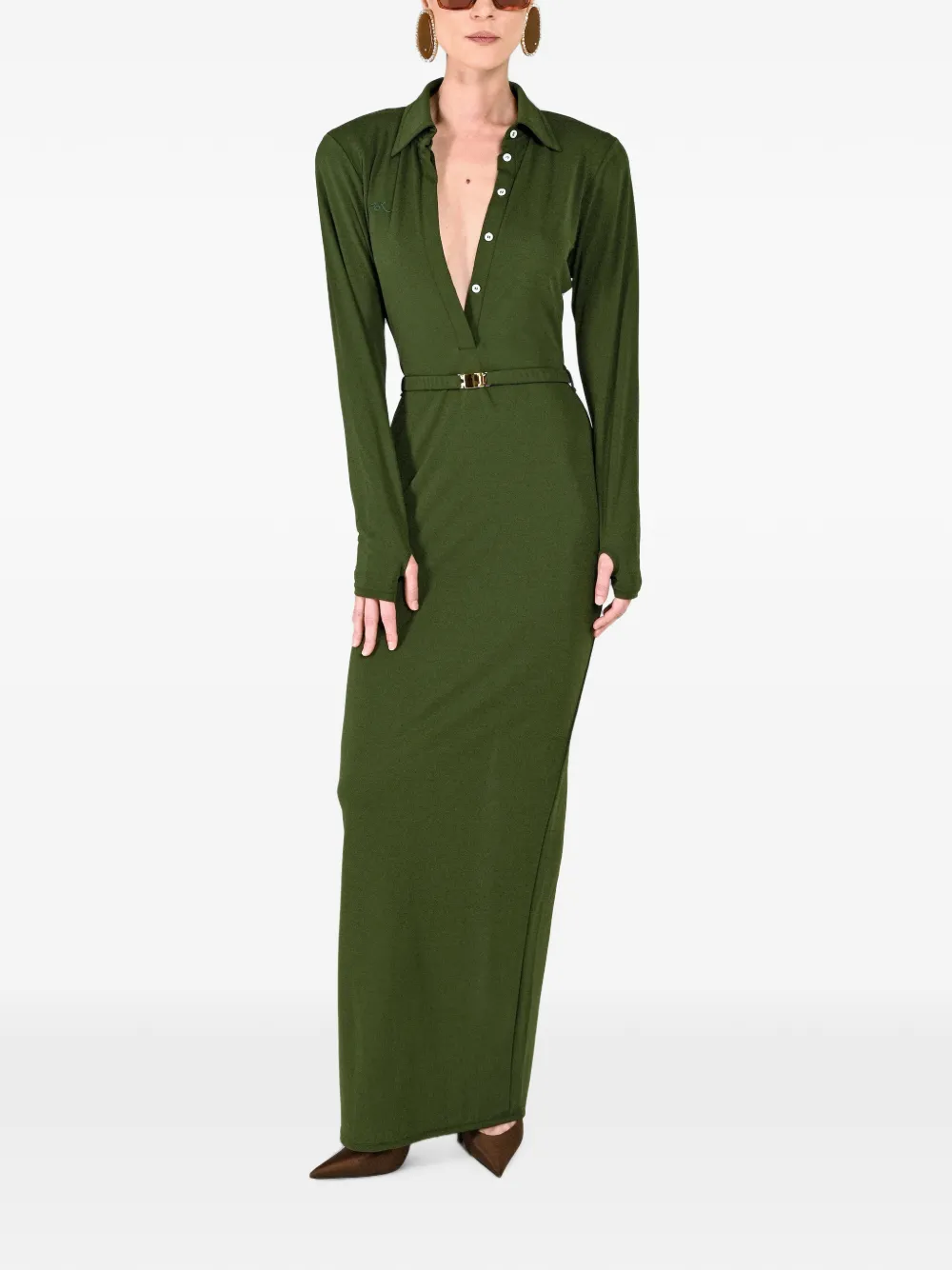 Rowen Rose polo-collar belted maxi dress Groen