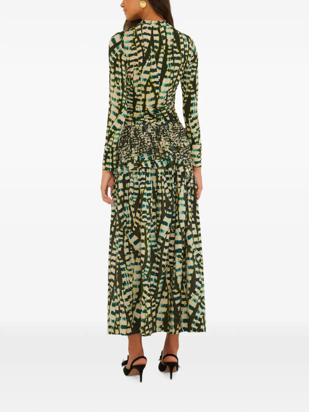 FARM Rio smocked leaf-print maxi skirt Groen