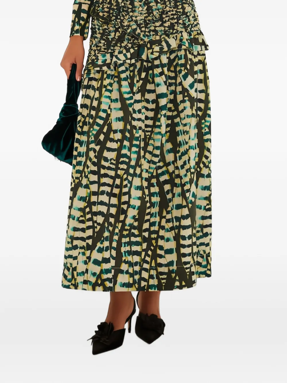FARM Rio smocked leaf-print maxi skirt