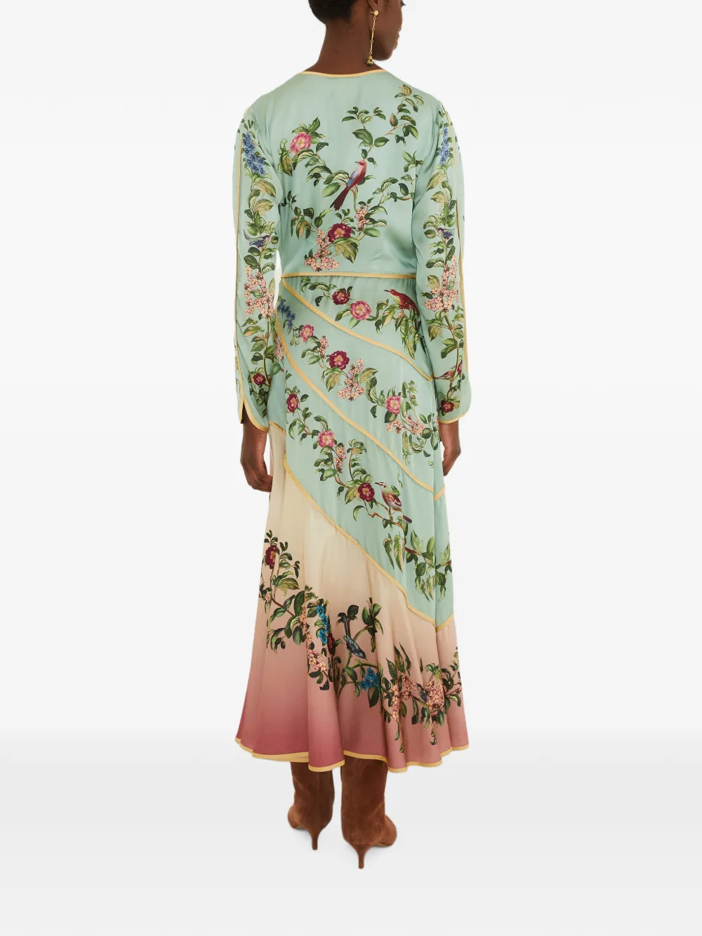 FARM Rio Birds Tree asymmetrische jurk met bloemen-print en lange mouwen Groen