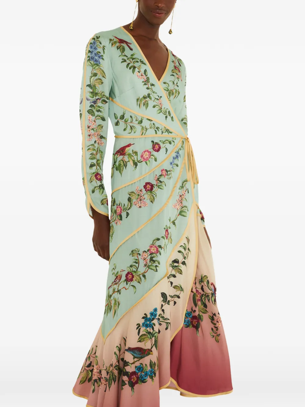 FARM Rio Birds Tree asymmetrische jurk met bloemen-print en lange mouwen Groen